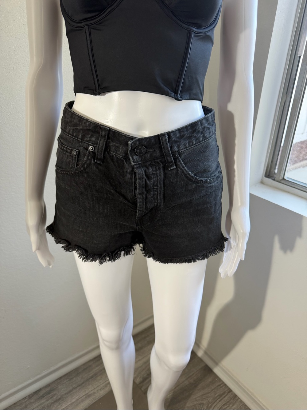 Free People Black Frayed Hem Denim Shorts